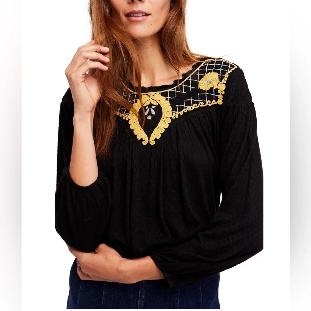 Free people black yellow embroidered begonia peasant top medium